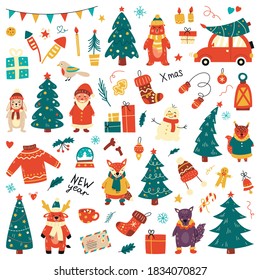 Christmas set, hand drawn style - calligraphy, animals and other elements. Vector illustration.