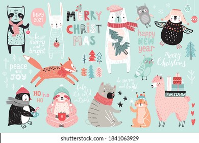 Christmas set, hand drawn style - calligraphy, animals and other elements. Vector illustration.