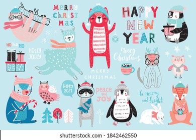 Christmas set, hand drawn style - calligraphy, animals and other elements. Vector illustration.