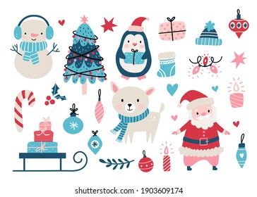 Christmas set in hand drawn style includes animals, santa and other elements. Vector illustration on white background.