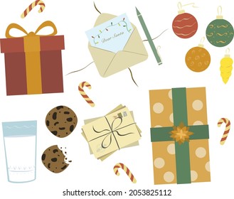 Christmas set, hand drawn style - calligraphy, gifts, letter to Santa, Christmas balls, milk with chocolate chip cookies and other elements. Vector illustration.Set of christmas icons.Set of New year.