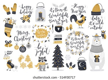 Christmas set, hand drawn style - calligraphy, animals and other elements. Vector illustration.