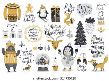 Christmas Set, Hand Drawn Style - Calligraphy, Animals And Other Elements. Vector Illustration.
