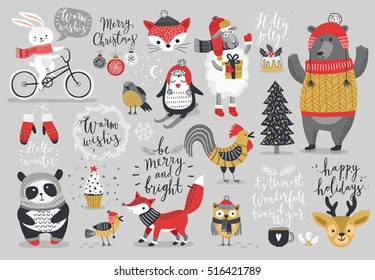 Christmas set, hand drawn style - calligraphy, animals and other elements. Vector illustration.