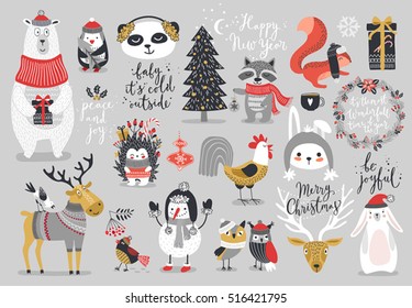 Christmas set, hand drawn style - calligraphy, animals and other elements. Vector illustration.