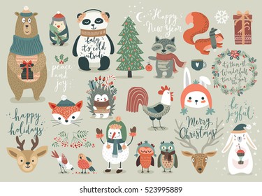 Christmas set, hand drawn style - calligraphy, animals and other elements. Vector illustration.