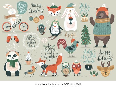 Christmas set, hand drawn style - calligraphy, animals and other elements. Vector illustration.