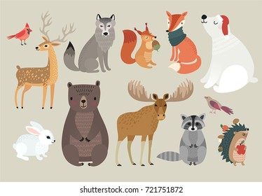 Christmas set, hand drawn style - forest animals. Vector illustration.
