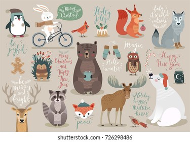 Christmas set, hand drawn style - calligraphy, animals and other elements. Vector illustration.