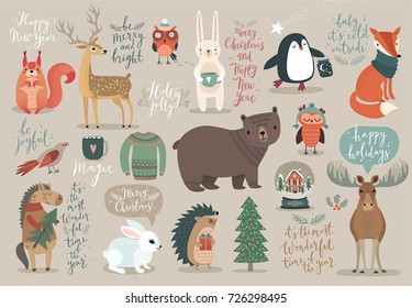 Christmas set, hand drawn style - calligraphy, animals and other elements. Vector illustration.