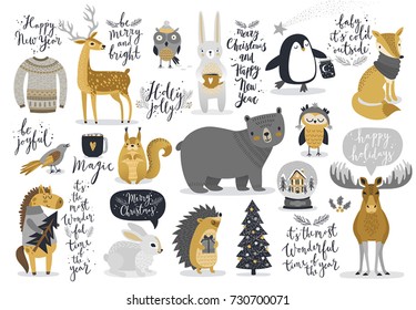 Christmas set, hand drawn style - calligraphy, animals and other elements. Vector illustration.