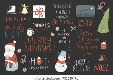 Christmas set, hand drawn style - calligraphy, lettering, animals and other elements. Vector illustration
