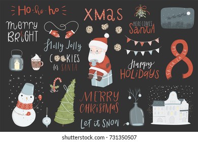 Christmas set, hand drawn style - calligraphy, lettering, animals and other elements. Vector illustration