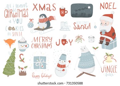 Christmas set, hand drawn style - calligraphy, lettering, animals and other elements. Vector illustration.