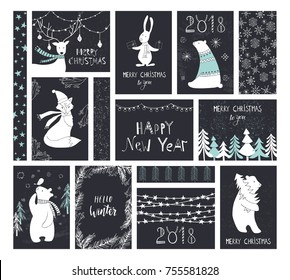 Christmas set, hand drawn style - calligraphy, animals and other elements. Vector illustration  for greeting cards and invitations.