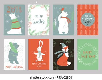 Christmas set, hand drawn style - calligraphy, animals and other elements. Vector illustration  for greeting cards and invitations.