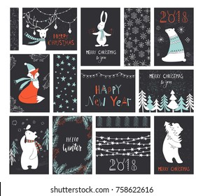 Christmas set, hand drawn style - calligraphy, animals and other elements. Vector illustration  for greeting cards and invitations.