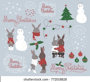 Christmas set, hand drawn style - calligraphy, cute cartoon rabbits and other elements. Vector illustration.