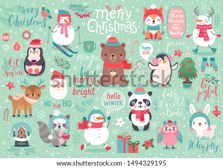 Christmas set, hand drawn style - calligraphy, animals and other elements. Vector illustration.