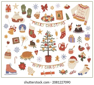 Christmas set  hand drawn vector isolated elements. Decoration for Christmas. Christmas food and drinks. Winter clothes.  Color image on a white background. The print is used for packaging design.