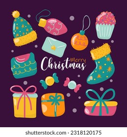 Elementos aislados de vectores dibujados a mano por Navidad. Decoración para Navidad. Imagen de color en un fondo oscuro. 12 elementos. Decoración de año nuevo. Ilustraciones de material vectorial.