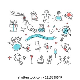 Christmas, set of hand drawn winter icons. Vector drawings for the New Year. Doodle style. The background is isolated.