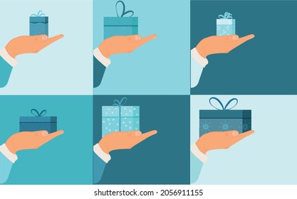 Christmas set with hands holding various gift boxes. Exchange of Christmas gifts