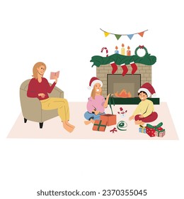 Christmas set with happy families with children at home, preparing Xmas gifts, letters and decorating fir tree. Preparation for winter holidays. Flat vector illustrations isolated on white background