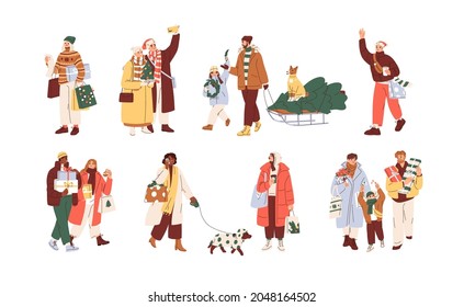 Christmas set with happy merry people carrying Xmas trees, gift boxes and shopping bags, preparing for winter holidays at New Year eve. Flat graphic vector illustration isolated on white background