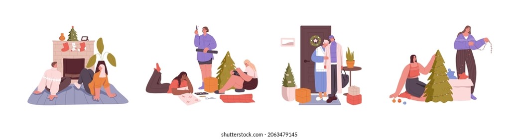 Christmas set with happy merry people preparing for winter holidays together at home. Families, couples and friends at Xmas and New Year eve. Flat vector illustration isolated on white background