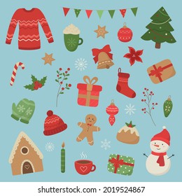 Christmas set. Happy New Year. Cute elements in a flat style. Vector illustration