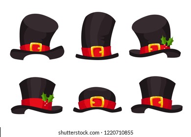 Christmas Set of Hats. Xmas Black Cap For Mobile App on Transparent Background. Cartoon Style Vector Illustration 