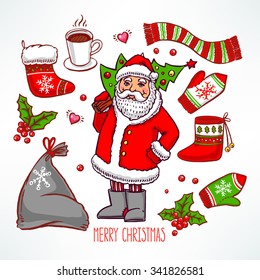 Christmas set with holiday attributes and smiling Santa Claus. hand-drawn illustration