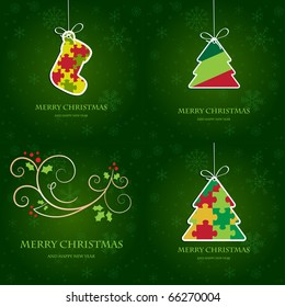 Christmas set. Holiday designs with christmas tree,  boots, holly berry branch. Vector illustration for  card, poster, web .