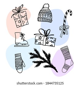 Christmas set with holiday gifts. Hand drawn sketch. Line art. Vector illustration on blobs background.