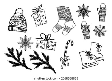 Christmas set with holiday gifts and snowflakes. Hand drawn sketch. Line art. Vector illustration on white background.