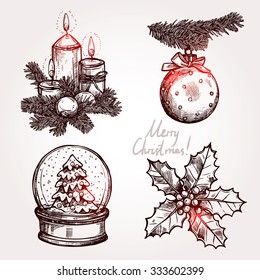 Christmas Set With Holiday Objects. Snowglobe, Holly, Christmas Ball And Candles