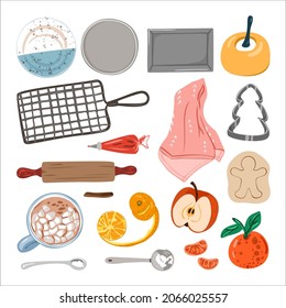 Christmas set for home baking isolated on a white background. Kitchen utensil and ingredient for baking gingerbread cookies. Preparing for the winter holidays. Vector illustration