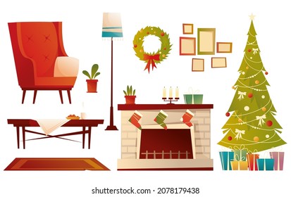 Christmas set of home supplies. Armchair, tree, fireplace, sock with gifts, wreath