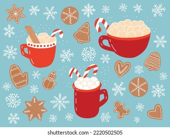 Christmas set with hot chocolate cup and marshmallows. Vector Christmas ginger cookie and hot winter drinks set.