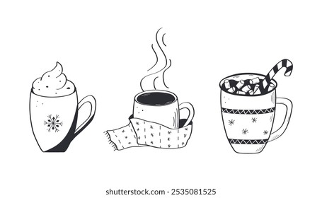 Christmas set of hot drinks doodle style. Delicious cocoa with marshmallows, hot chocolate, coffee with cream or tea. Vector illustration hand drawn.