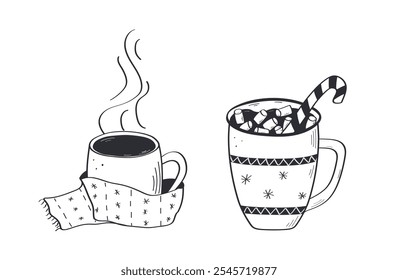 Christmas set of hot drinks doodle style. Delicious cocoa with marshmallows, hot chocolate, coffee with cream or tea. Vector illustration hand drawn.