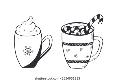 Christmas set of hot drinks doodle style. Delicious cocoa with marshmallows, hot chocolate, coffee with cream or tea. Vector illustration hand drawn.