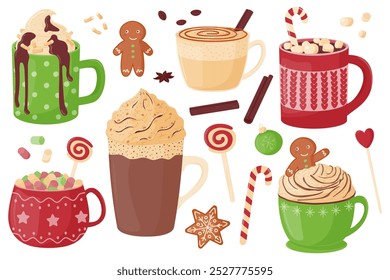 Christmas set of hot drinks. Festive cute mugs with hot cocoa, coffee, chocolate, whipped cream, marshmallows and sweets. Vector illustration isolated on a white background in the flat style.