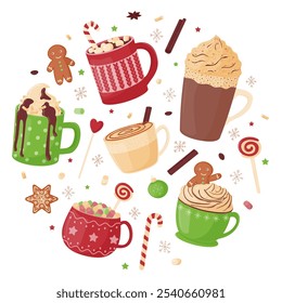 Christmas set of hot drinks. Festive cute mugs with hot cocoa, coffee, chocolate, whipped cream, marshmallows and sweets. Vector illustration isolated on a white background in the flat style.