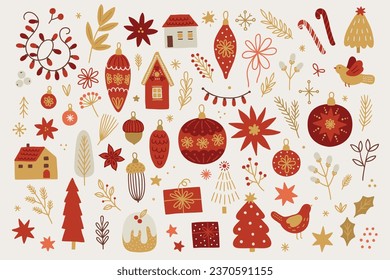 Christmas set - house, ball, fir tree, bauble, bird, garland, flower, star, snowflake, candy cane, cake, berry on white background. Perfect for winter greeting cards, decorations. Vector illustration