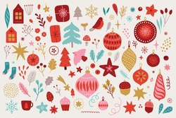 Christmas Set - House, Fir Tree, Bird, Ball, Bauble, Socks, Snow, Snowflake, Cup, Star, Acorn, Berry, Mushroom On White Background. Perfect For Winter Greeting Cards, Decorations. Vector Illustration
