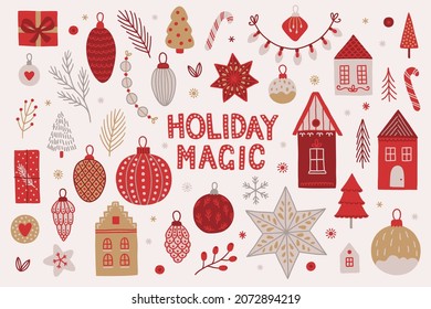 Christmas set - house, fir tree, garland, ball, bauble, cookie, star, cone, gift, berry, spruce branch, candy cane, leaves, snow on white background. Perfect for winter holidays, Xmas greeting cards