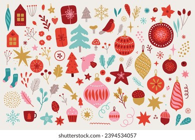 Christmas set - house, fir tree, bird, ball, bauble, socks, snow, snowflake, cup, star, acorn, berry, mushroom on white background. Perfect for winter greeting cards, decorations. Vector illustration