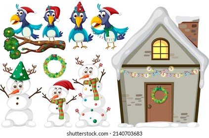 Christmas set with house and snowman illustration